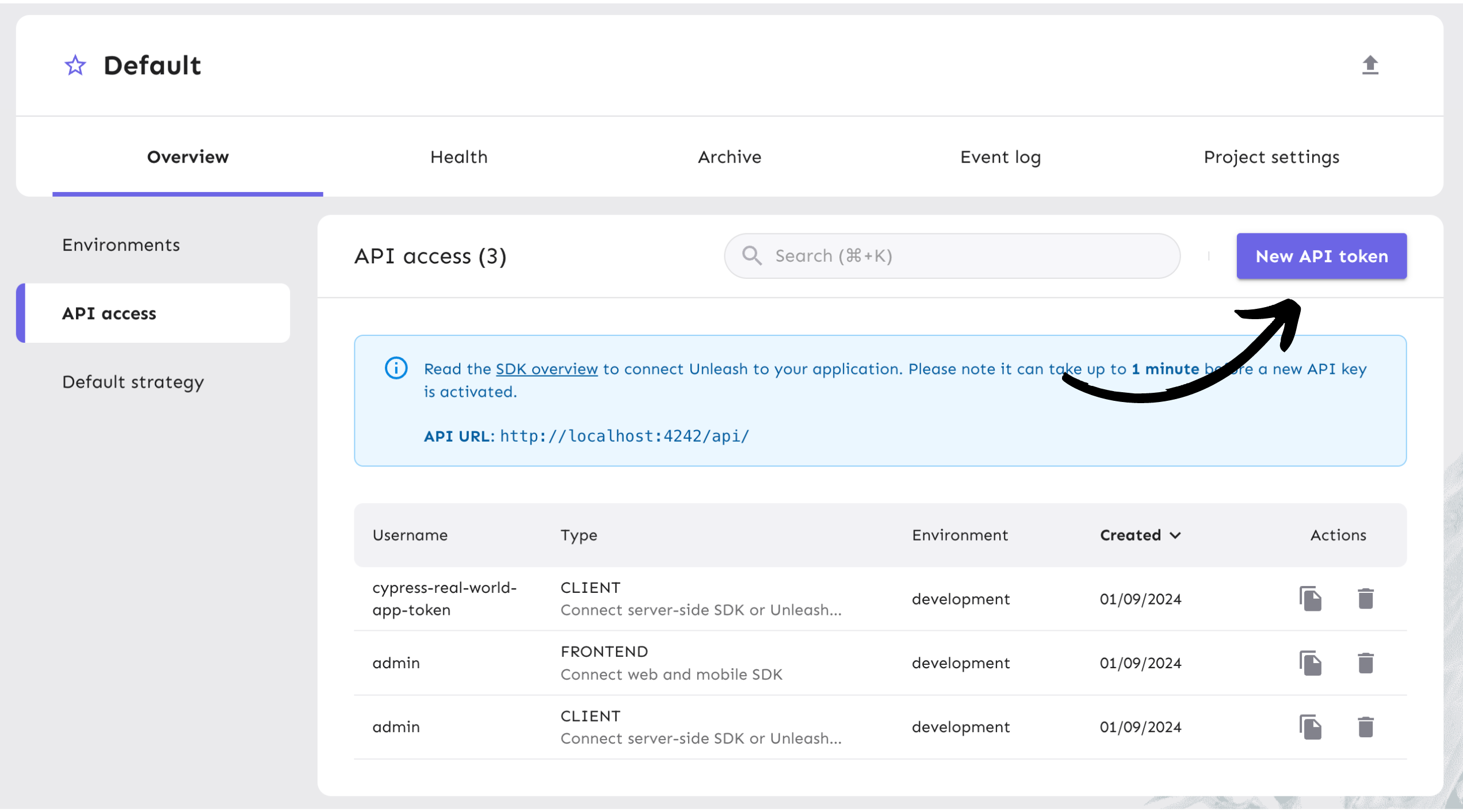 The API token button in API Access view